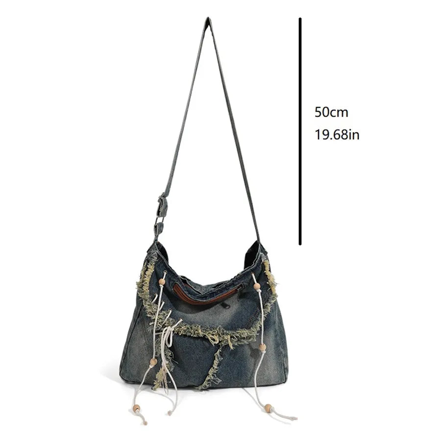 Y2K Korean Harajuku Gothic Hobo Denim Bag Aesthetic Vintage Purses WomenHandbag Crossbody Messenger Tote Peddler Shoulder Bags
