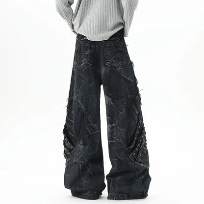 High Street Men's Denim Trousers Patchwork Contrast Color Drawstring Raw Edge Dirty-dying Worn-out Male Jeans New