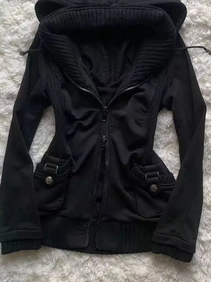 Black Fashion New Trend Women Casual Hoodie Retro Gothic Sweatshirts Hip Hop Punk Style Multifunctional High Street Cardigan