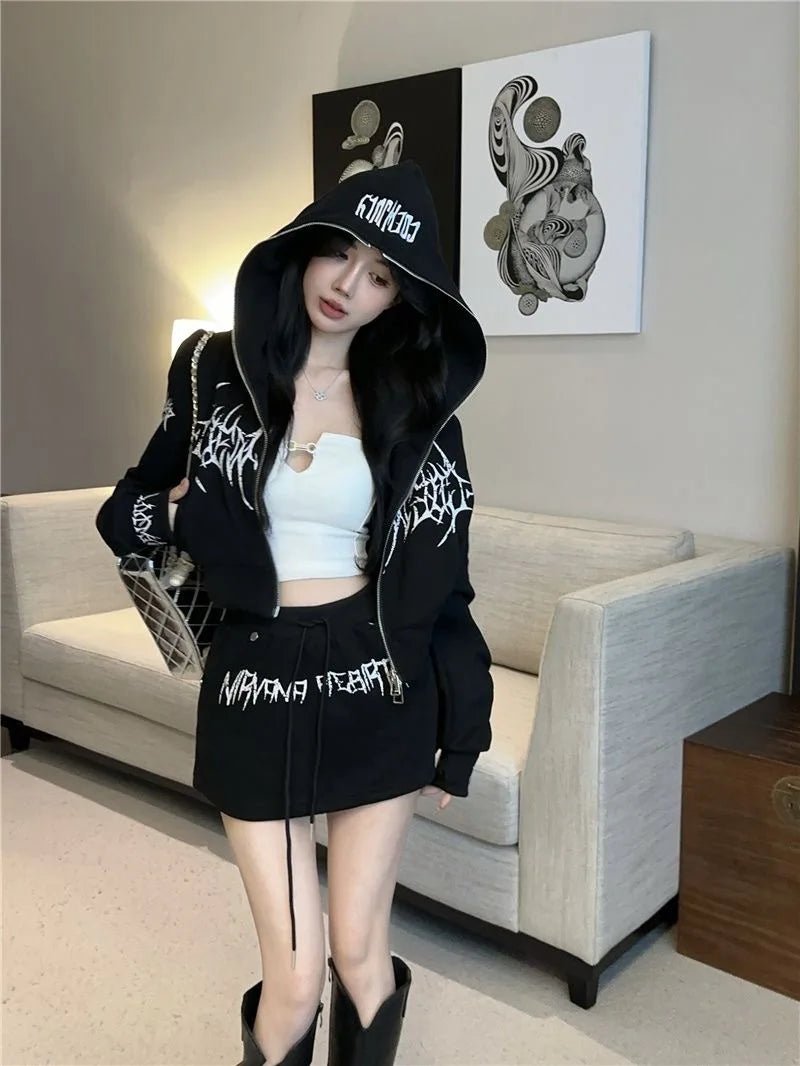 Dark Style Short Letter Sweatshirt And  Skirt Set for Women Trendy Streetwear Autumn Collection Long Sleeve Casual Sports...