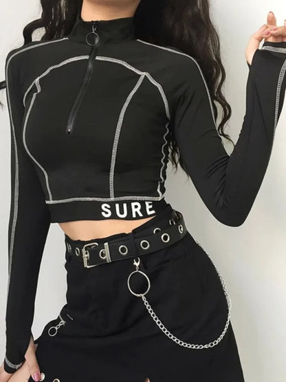 HKSH Spring New Women Tide Dark Sports T-shirt Turtleneck Long Sleeve Slim Fit High Elastic Ins Y2K Patchwork Splice Tees HK5067