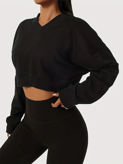 womens solid cropped long sleeve sweatshirts casual v neck pullover sports t shirts tops womens clothing