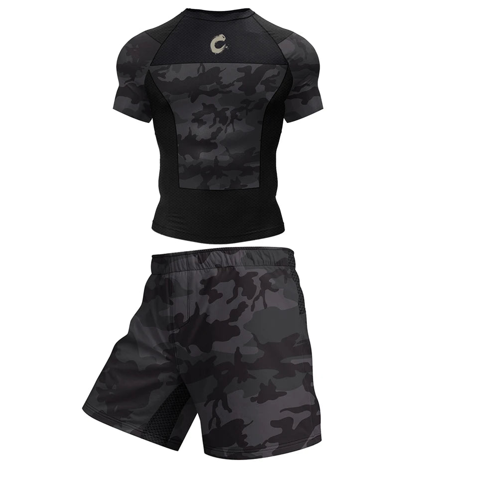 Apex Ritual – 黒 ノーギ BJJ 柔術 Tシャツ & MMA ショーツセット – ラッシュガード & コンプレッションウェア