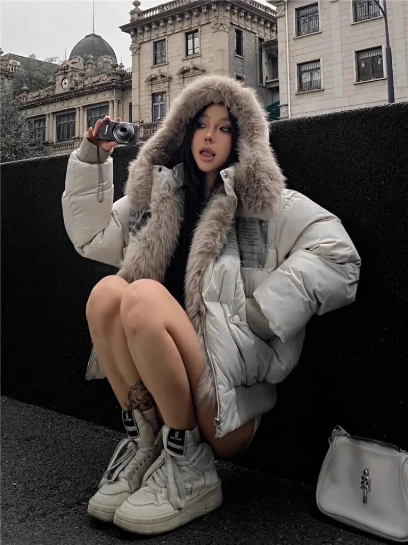 2024 Winter New American Street Style Patch Fur Short Solid Color Warm Thickened Padded Fashionable Versatile Jacket for Girl