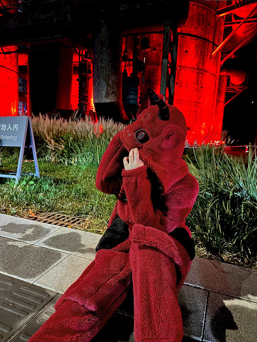 Virtual Alice Dark Gothic Demon Death Skull Horned Hooded Robe Thickened Coral Fleece Winter Warm Long Sleepwear Loungewear