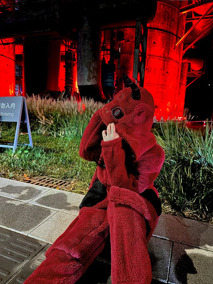Virtual Alice Dark Gothic Demon Death Skull Horned Hooded Robe Thickened Coral Fleece Winter Warm Long Sleepwear Loungewear