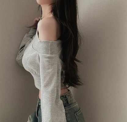 Slim Fit Long Sleeve Hoodie Women's Style Irregular Collar Show Shoulder Waist Cinching Short Length Commute Fashion  Color