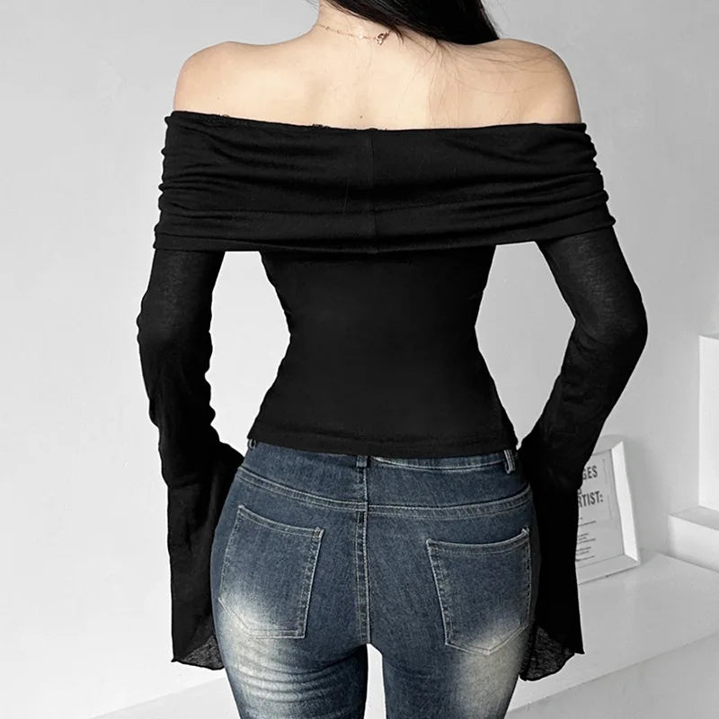 Y2k Aesthetic Simple Fashion Women's Tee Shirts Slash Neck Long Sleeve Solid Casual T-Shirts Vintage Off Shoulder Trendy Tshirts