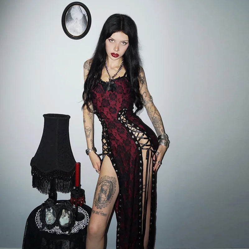 Women's Red Gothic Hollow-Out Strap Dress