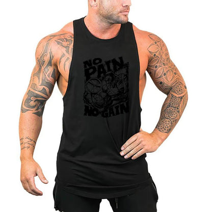 NO PAIN NO GAIN Men Running Vests Summer Cotton Gym Fitness Tank Tops Bodybuilding Training Exercise Clothing Muscle Singlets