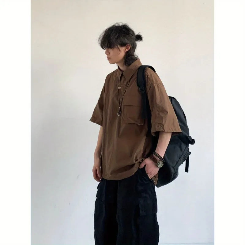 2024 New Summer Japanese Mens Set Harajuku Mid Sleeved Trendy Shirt+ Wide-leg Cargo Pants 2-pcs Thin Casual College Male Suit