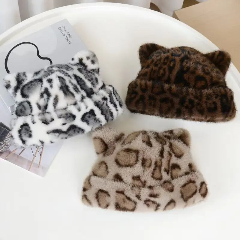 Women's Winter Cute Beanies Hats Fake Fur Keep Warm Leopard Print Rolled Edge Beanie Caps