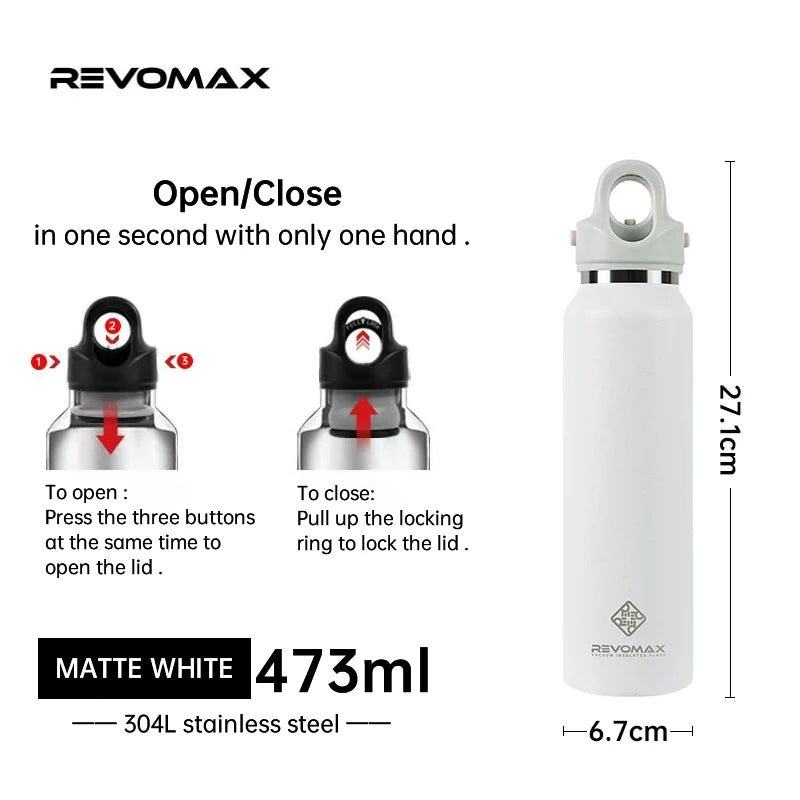 RevoMax-Double Wall Insulated Water Bottle, Outdoor Travel Sports Bottles, Stainless Steel Thermos for Tea, Thermal Cup, 600ml