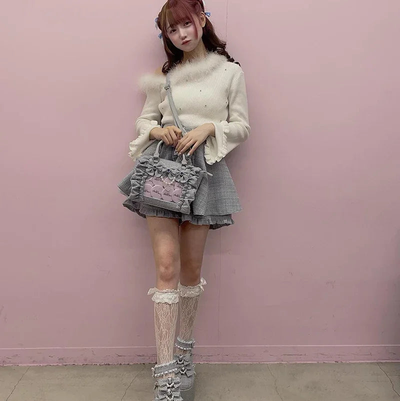 Japanese Style Mine Bags Women Ruffled Lace Lolita Girls Rhienstone Pearl Bowknot Square Tote Shoulder Portable Bolso Handbags