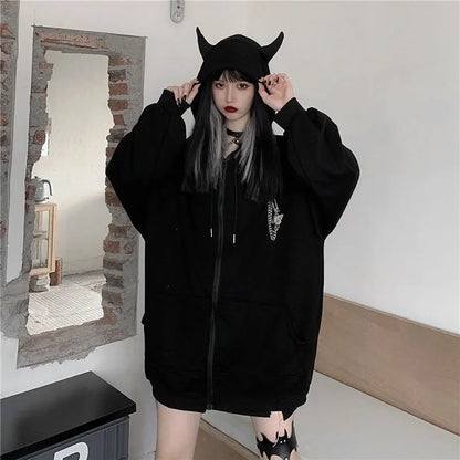 Autumn Womens Harajuku Punk Gothic Girls Black Devil Horn Hoodies Sweatshirt Hooded Japanese Hip Pop Plus Size Top Y2k Clothes