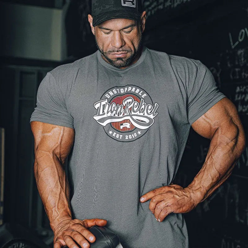 IR Series Hard Core Short Sleeve T-shirt Sport Print Round Neck Simple Sweat Absorbent Fitness Men's Clothing Training Loose