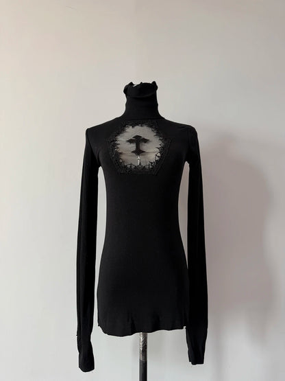 High Neck Dark Gothic Cross Hollow Slimming Bottom Knitted Shirt for Women Halloween Costume Long Sleeve Sexy T-shirt Women Tops