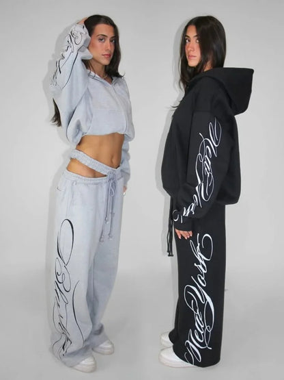 Apex Ritual – Grey 2 Piece Outfit – Script Print Oversized Hoodie & Wide Leg Pants Y2K Streetwear