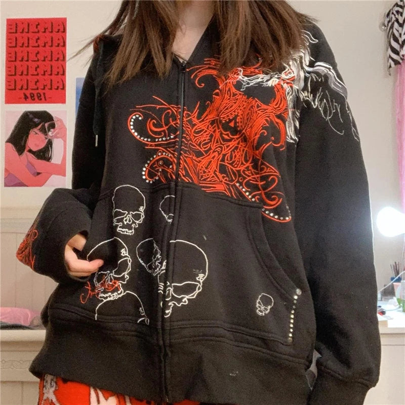 Hoodie Kawaii Y2k Anime Cartoon Goth Zip Up Hoodie Woman Harajuku Streetwear Loose Long Sleeve Sweatshirts Femme Sweatshirts