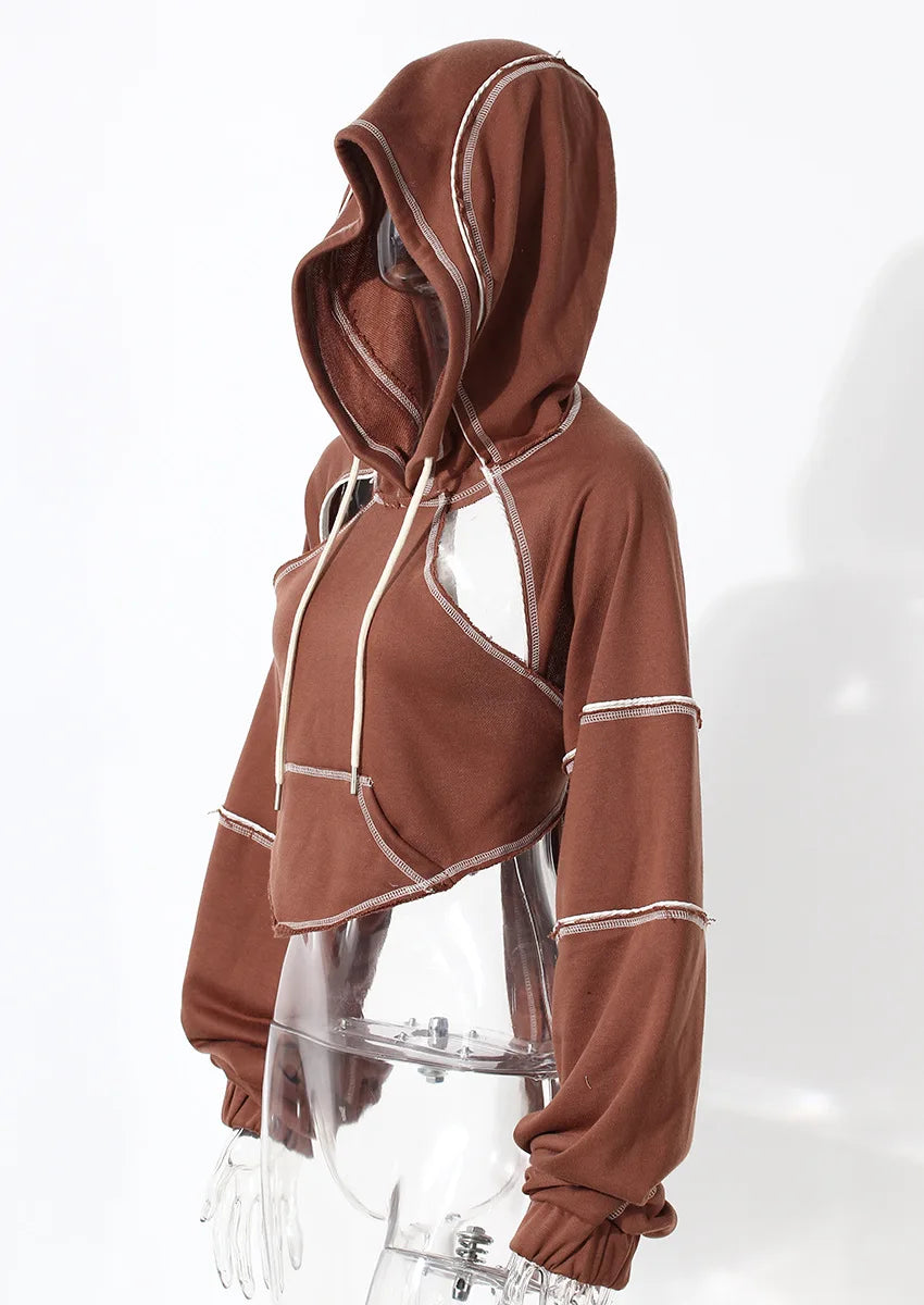 Color Blocking Bright Line Decoration Women High Street Hoodies Y2K Clothes Harajuku Hollow Out Back Lace-up Long Sleeve Tops