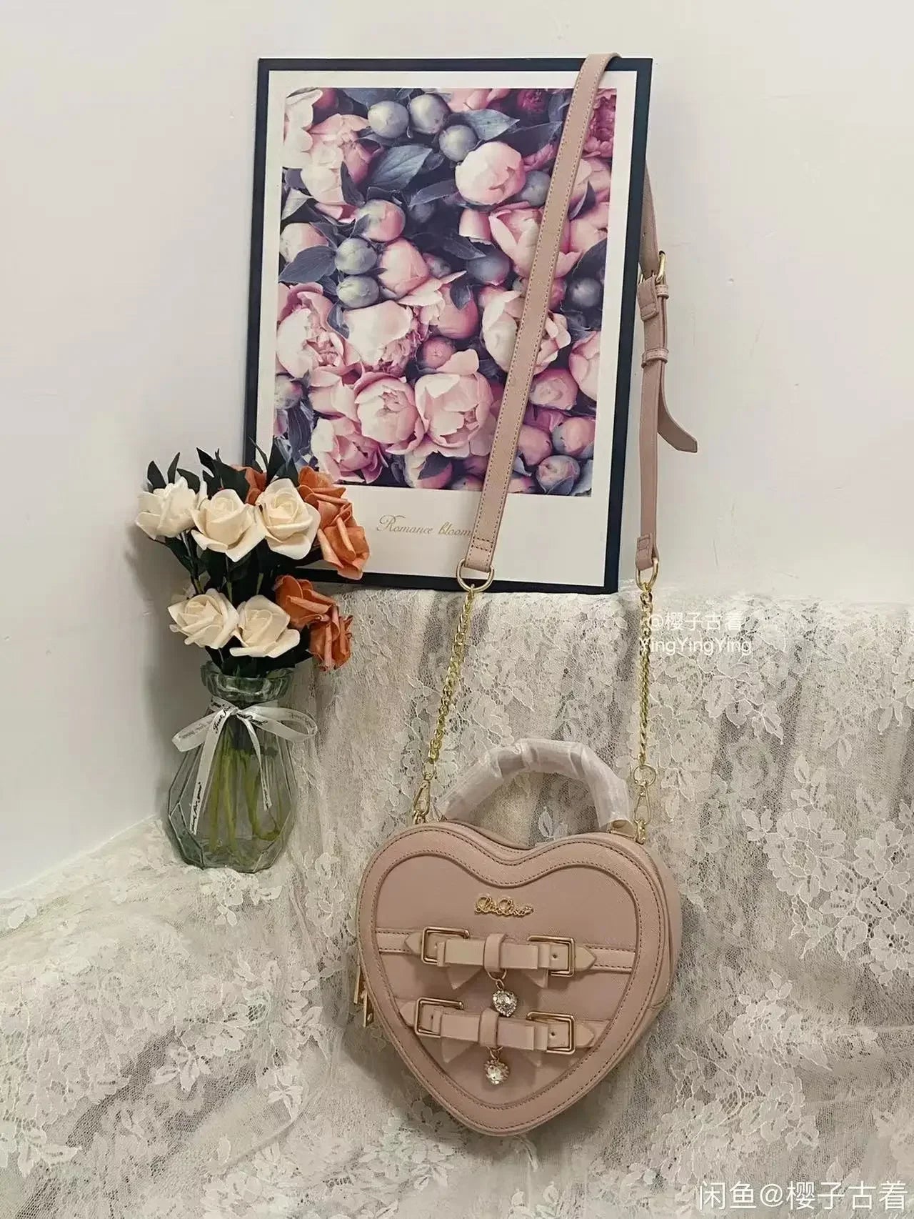 Japanese Style Liz Bag Mine Lolita Love Rhinestone Bow Crossbody Handbag Women Girls Sweet Heart Shaped Pink Pu Shoulder Bag