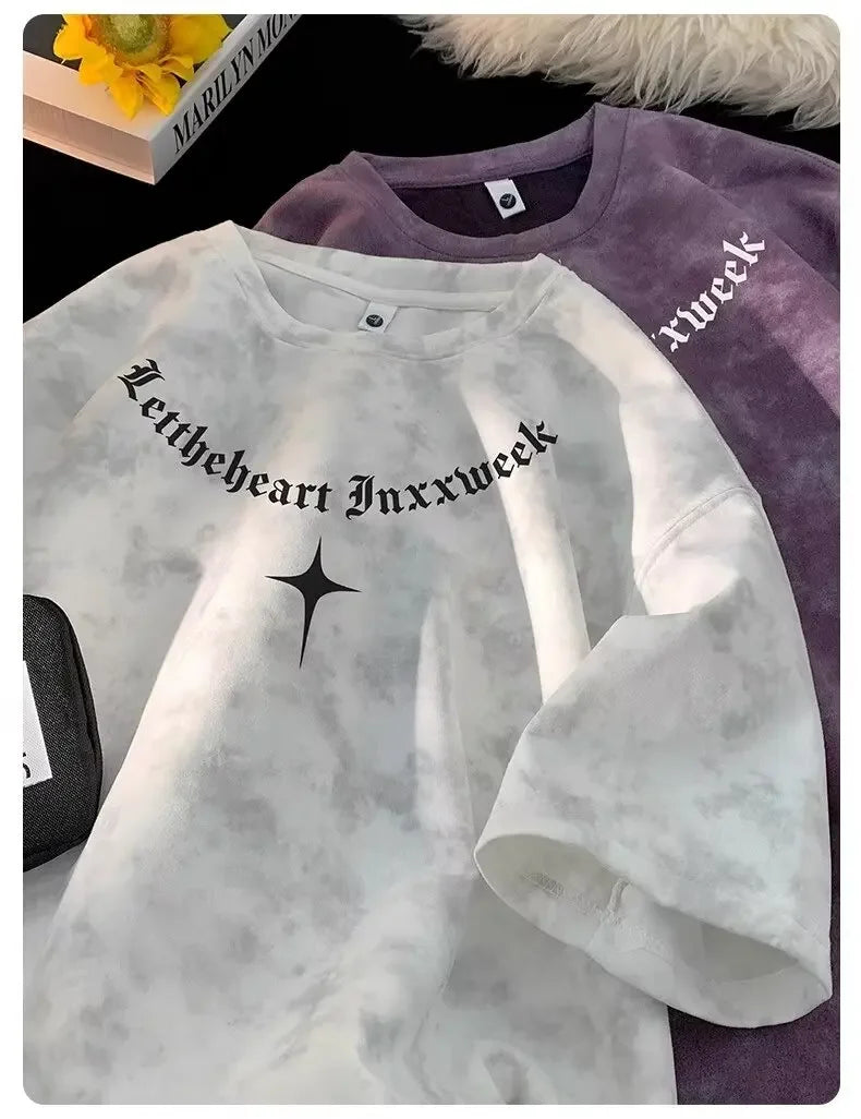 American Style Dyed Short Sleeve T-Shirt Men's Summer Ice Silk Retro Trendy Loose Sorona Body Fit Camouflage Crew Neck T-Shirt