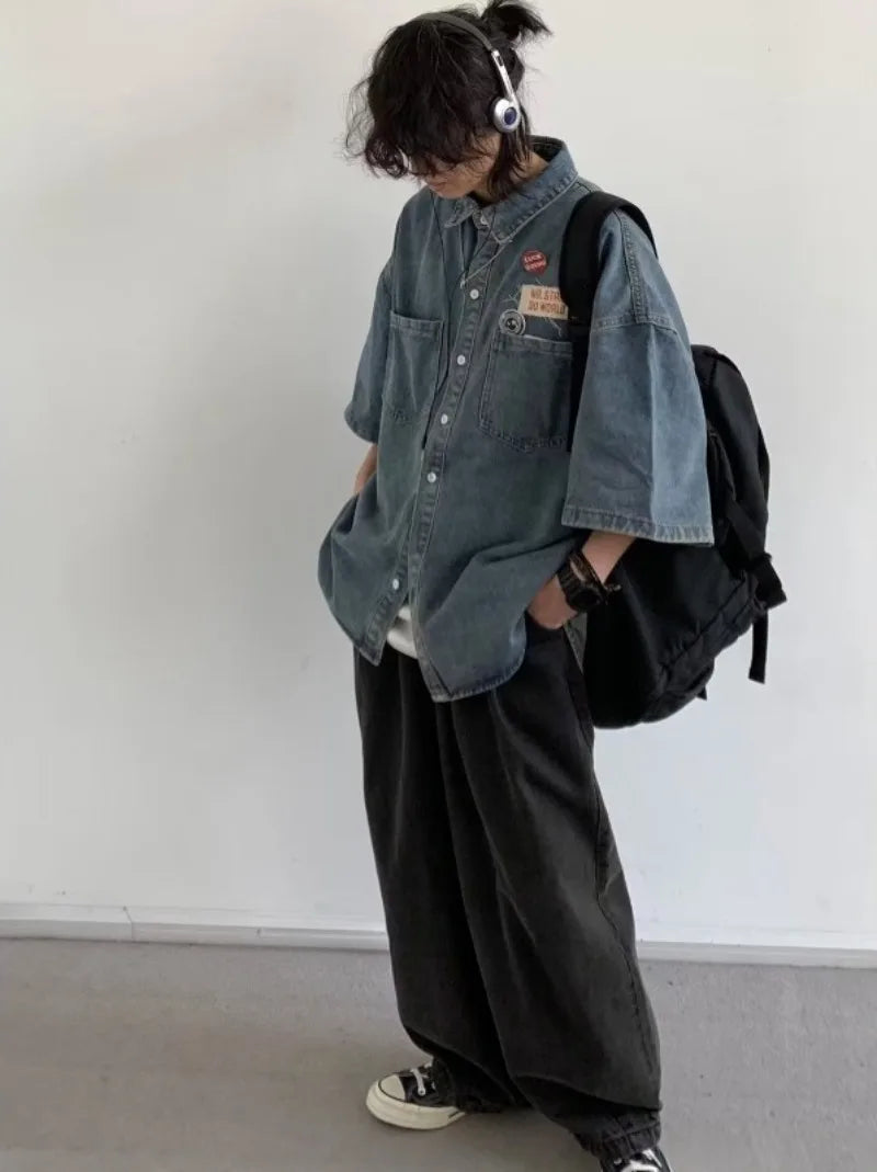 Harajuku Tooling Mens Sets 2024 Summer American Street Retro Denim Suit Hip Hop Printed Cowboy Shirt+Wide Leg Jeans 2-pcs New