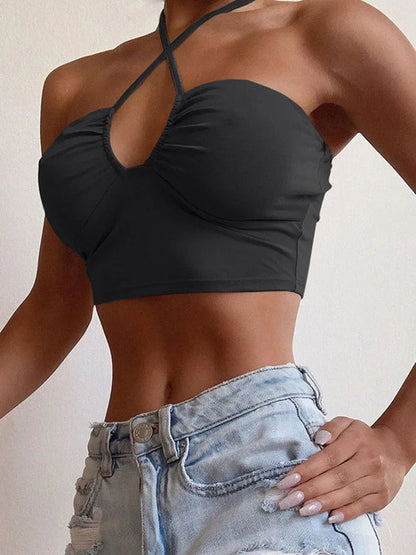 Women's Ruched V-Neck Halter Crop Top