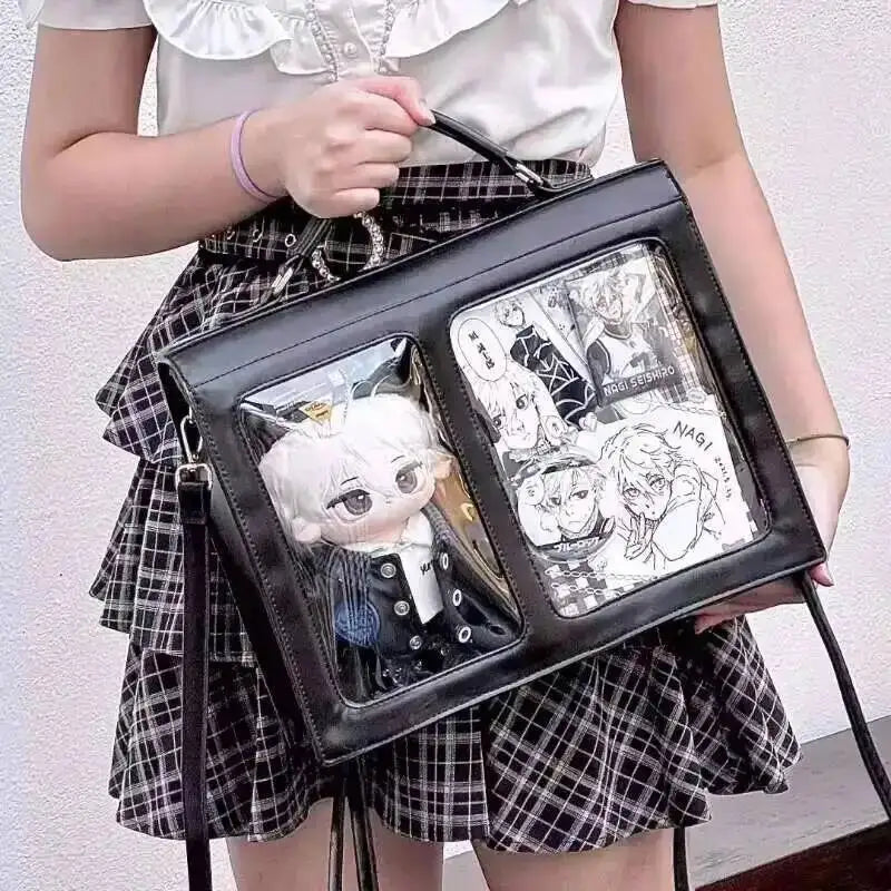 PU Leather Japanese Brown Ita Backpacks Transparent Jk Lolita Pain Bags Flap Pocket Student Shoulder Bags Preppy Style Bag Girls