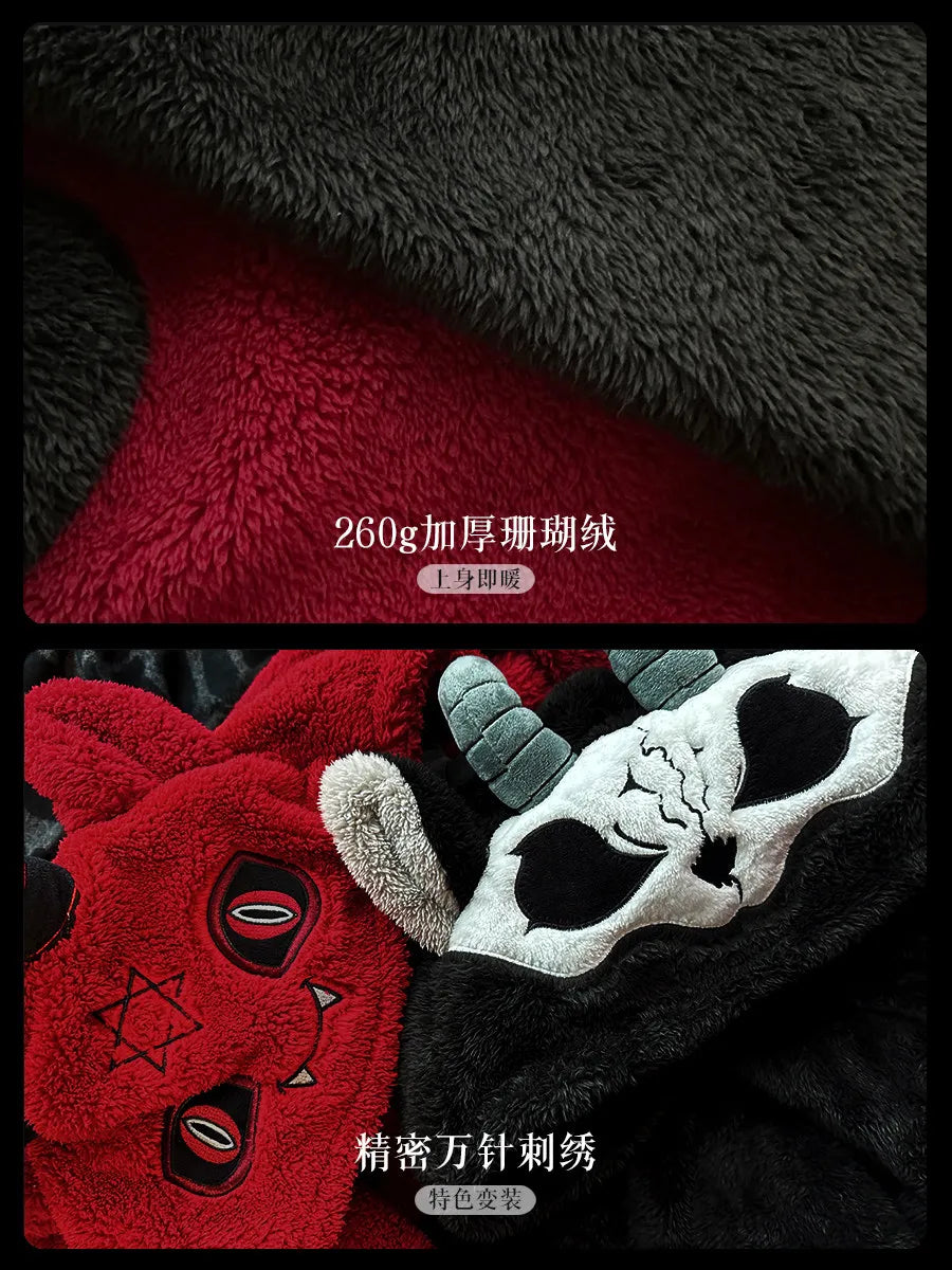 Virtual Alice Dark Gothic Demon Death Skull Horned Hooded Robe Thickened Coral Fleece Winter Warm Long Sleepwear Loungewear