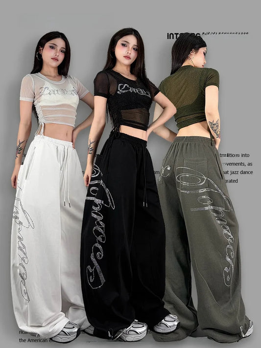 ROKBBK-K Glitter High Waist Wide Leg Pants Women's Street Dance Casual Loose - APEX RITUAL women's pants
