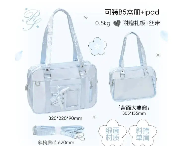 Japanese New Girls Silver Shoulder Bag Large Capacity Ribbon Itabag Student Women's Satin Messenger Bag Leather Backpacks