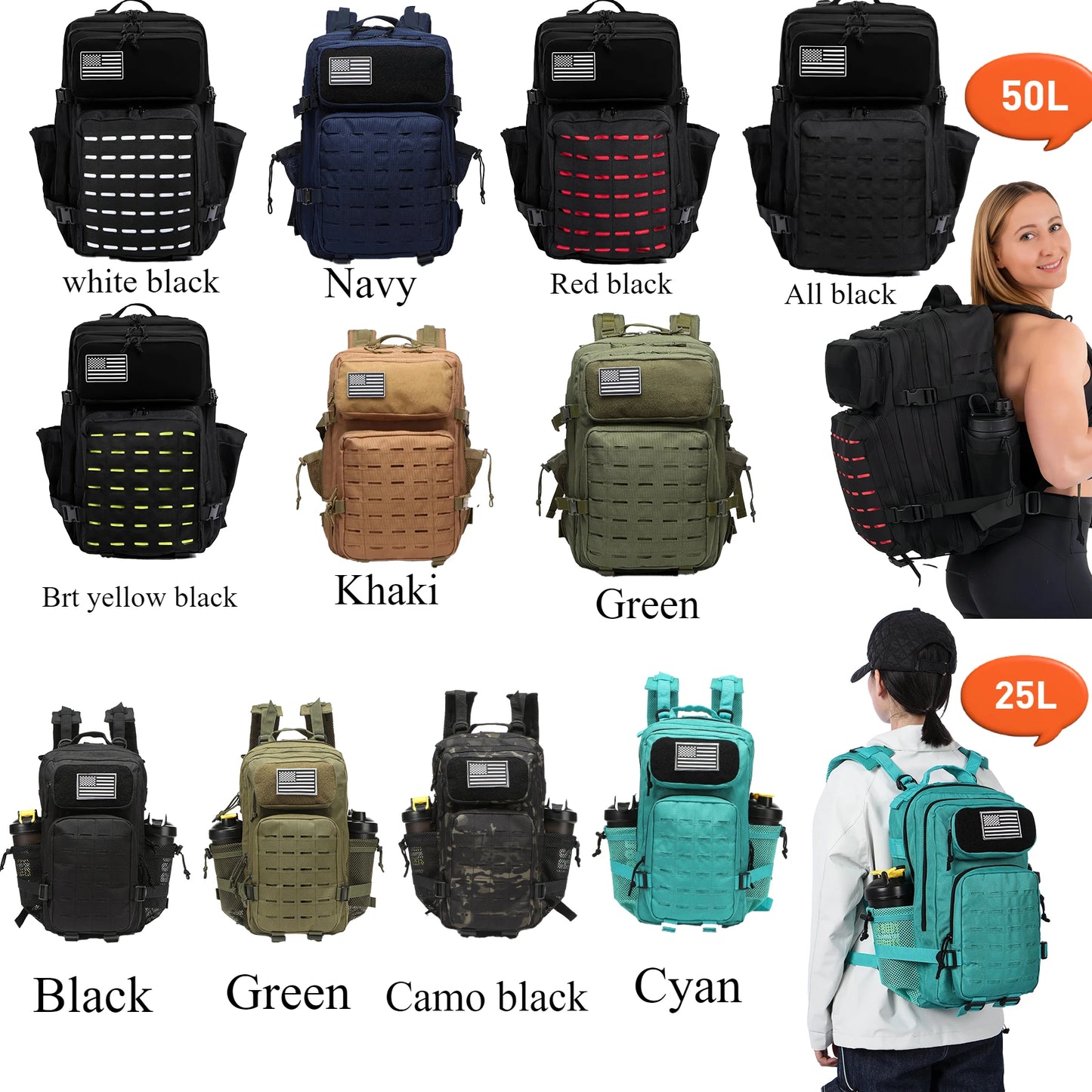 Apex Ritual – タクティカルMOLLEハンティングバックパック 25L/50L – EDC ジム＆アウトドアハイキングリュックサック ボトルホルダー付き