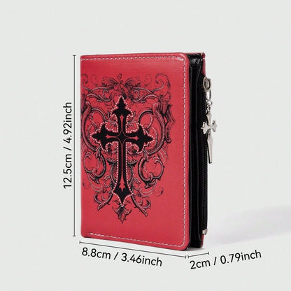 Gothic Red Unisex Wallet, Punk Cross Pattern Design, Zipper Coin Purse & Fashion Card Holder for Casual Daily Use
