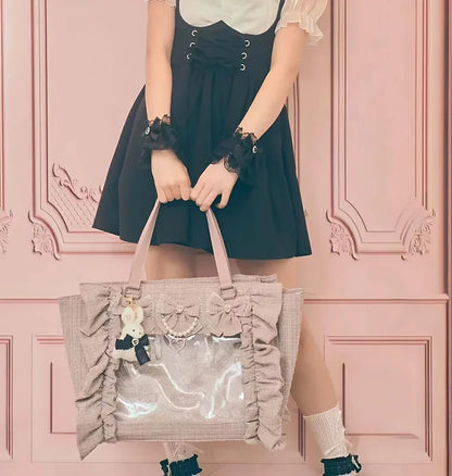 Japanese Style Mine Bags Women Ruffled Lace Lolita Girls Rhienstone Pearl Bowknot Square Tote Shoulder Portable Bolso Handbags