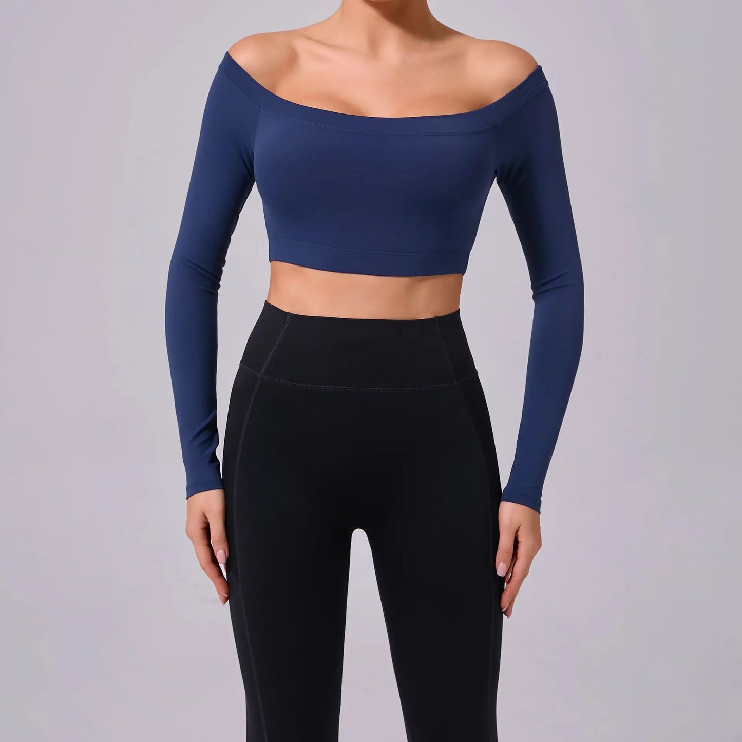 Fashion Long Sleeve Slash Neck Sports Top Women Crop Top for Fitness Yoga Wear Fashion Sports Short T-shirt Gym Workout Shirt