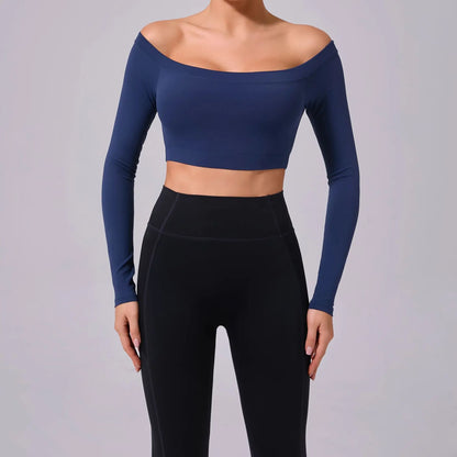 Fashion Long Sleeve Slash Neck Sports Top Women Crop Top for Fitness Yoga Wear Fashion Sports Short T-shirt Gym Workout Shirt