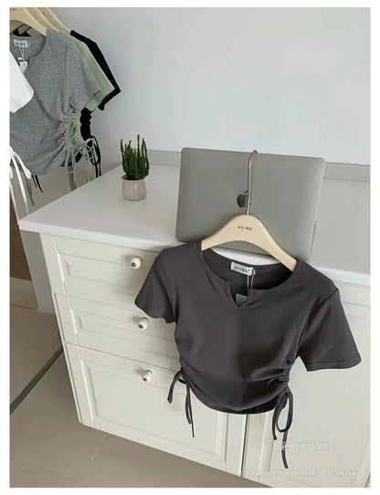 レディース アシンメトリー ドローストリング VネックTシャツ