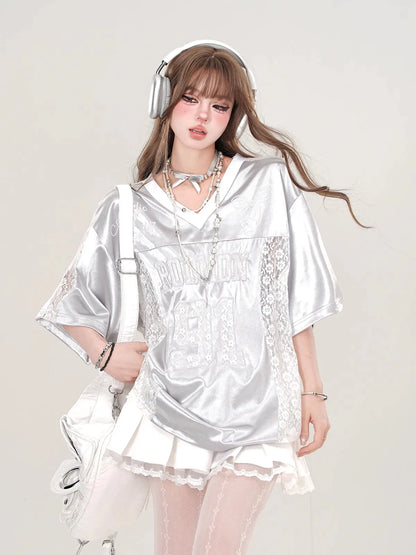Retro American Splice V-neck Hollow out Lace Short Sleeve T-shirt Women Summer Embroidered Loose Sports Silver Top