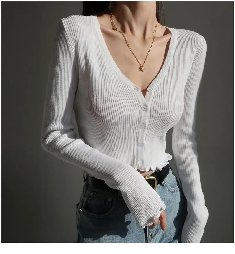Women's Y2K V-Neck Knit Crop Top