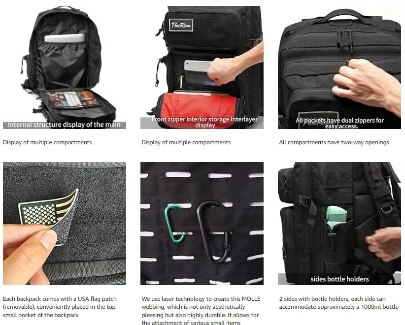 Apex Ritual – タクティカルMOLLEハンティングバックパック 25L/50L – EDC ジム＆アウトドアハイキングリュックサック ボトルホルダー付き