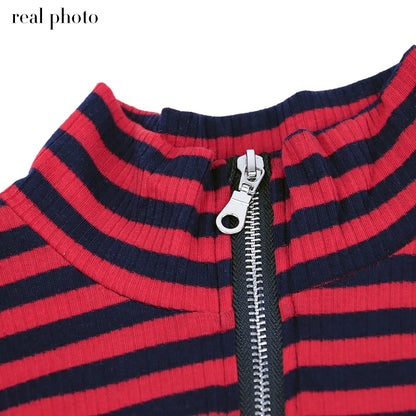 Grunge Striped Mall Gothic Basic T-shirts Punk E-girl Aesthetic Bodycon Casual Crop Tops Long Sleeve Open Shoulder Tee Gothic