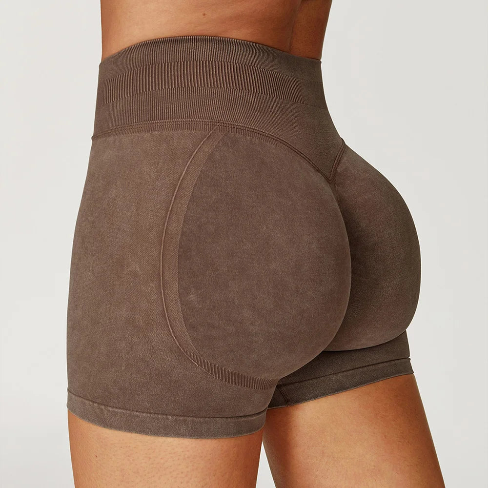 Apex Ritual – レディースハイウエストヨガショートパンツ – サンドウォッシュ スクワットプルーフ トレーニングショートパンツ