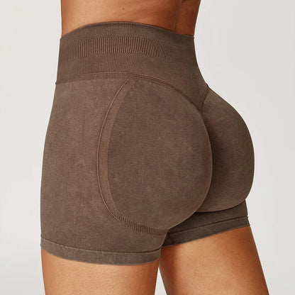 Apex Ritual – レディースハイウエストヨガショートパンツ – サンドウォッシュ スクワットプルーフ トレーニングショートパンツ