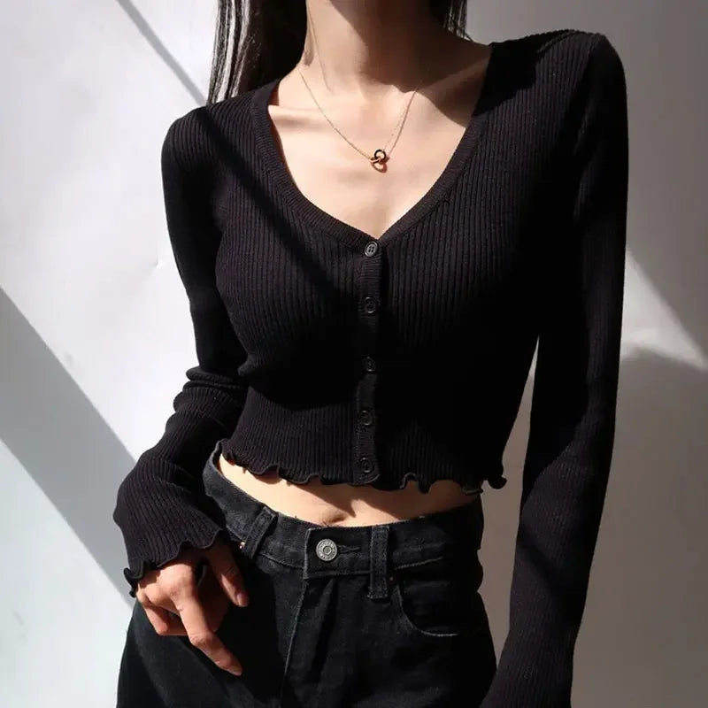 Women's Y2K V-Neck Knit Crop Top
