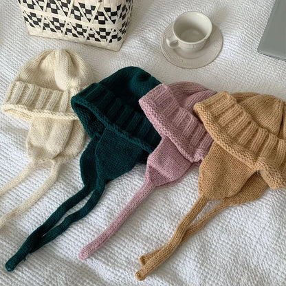 New Winter Cute Candy Colors Knitted Cap Fashion for Women Skullies Beanies Outdoor Windproof Thickened Warm Ear Protection Hat
