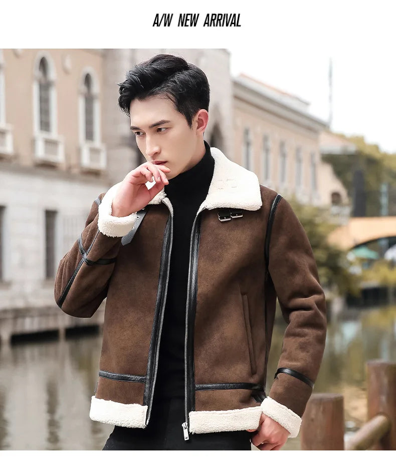 Fashion Solid Slim Korean Style Leather Coat Fleece Jacket Men Leather Jacket Winter Faux Fur Collar Windproof Warm Clothing