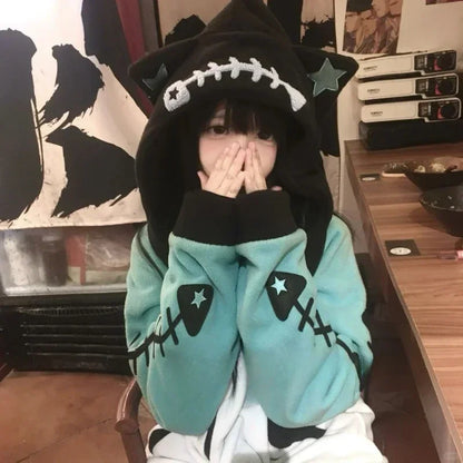 Japanese Cat Ear Fish Bone Hoodie Women Subculture Vintage Y2k Harajuku Punk Oversized Sweet Cardigan Zipper Sweatshirts
