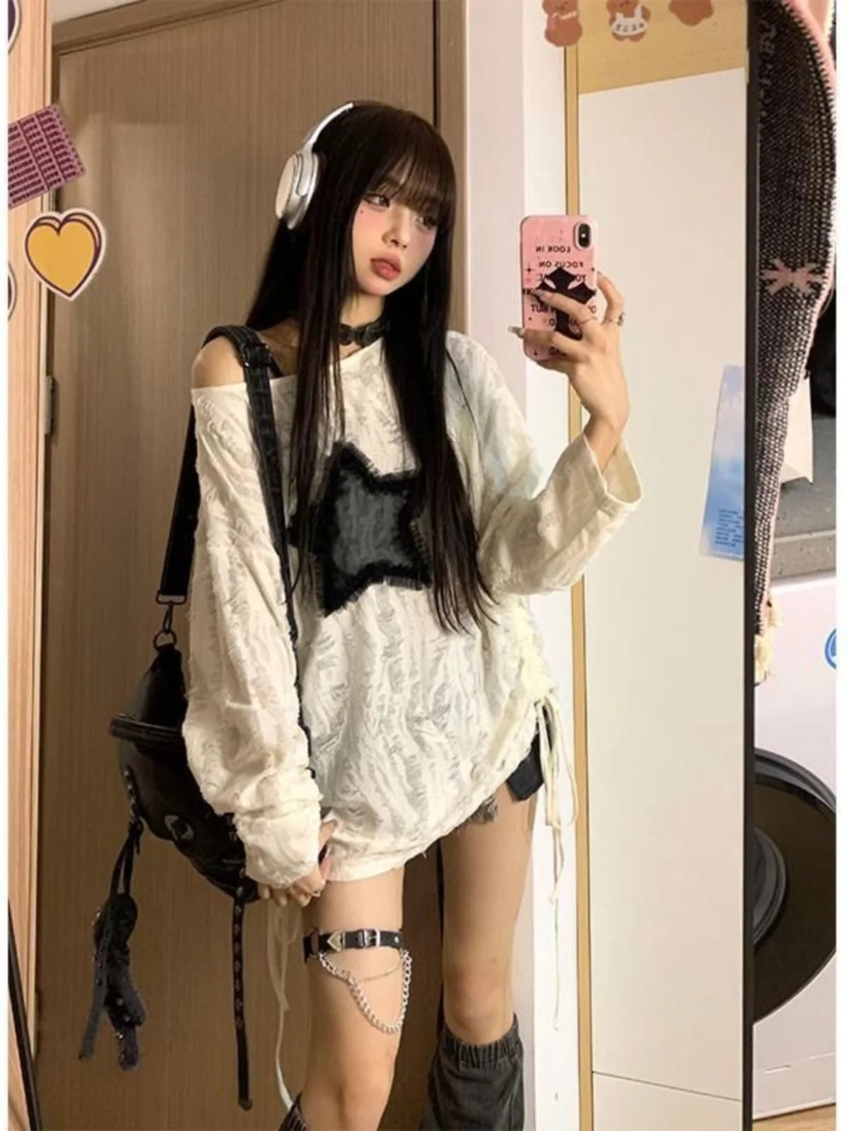 New 2025 Japanese Sle Dstring Spicy Girl T-irt Women's Spring Autumn Star Hole Loose Long Sve Top Fem Faion