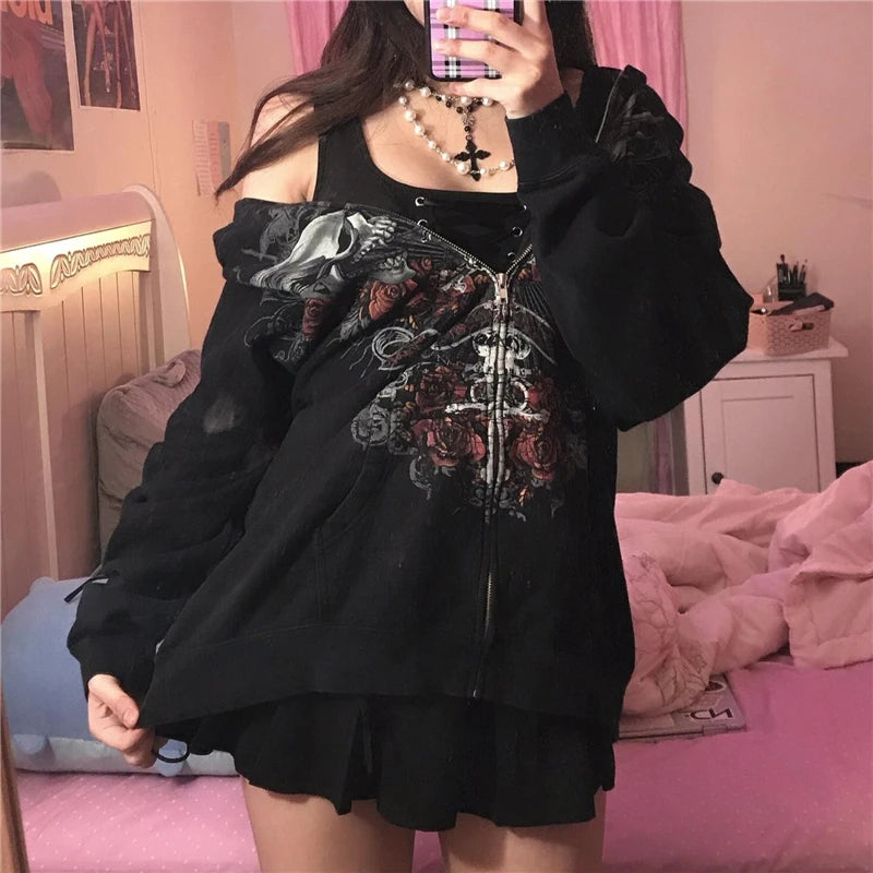 Hoodie Kawaii Y2k Anime Cartoon Goth Zip Up Hoodie Woman Harajuku Streetwear Loose Long Sleeve Sweatshirts Femme Sweatshirts